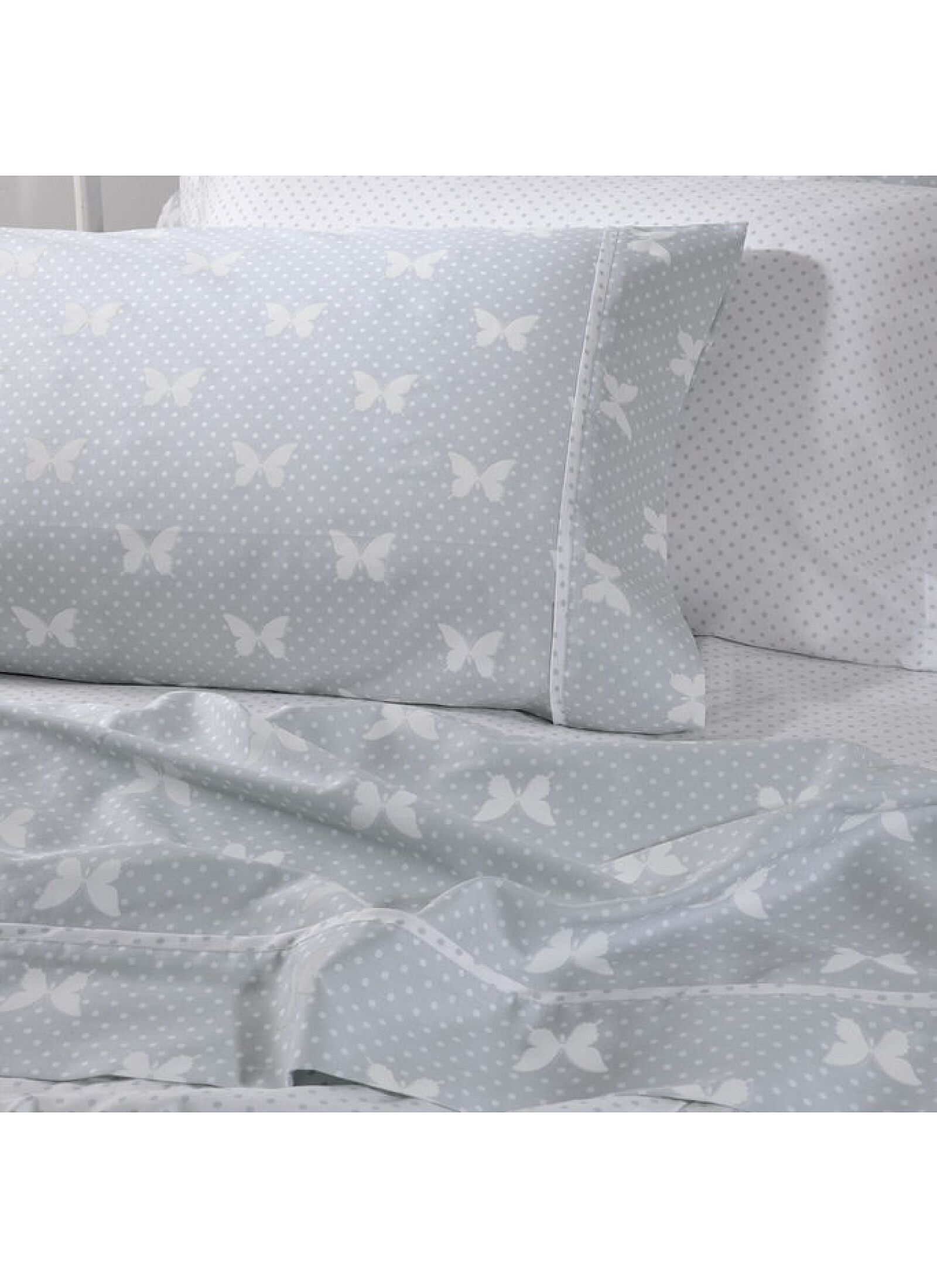 SINGLE SHEET SET GREY WITH DOTS AND BUTTERFLIES (S686)