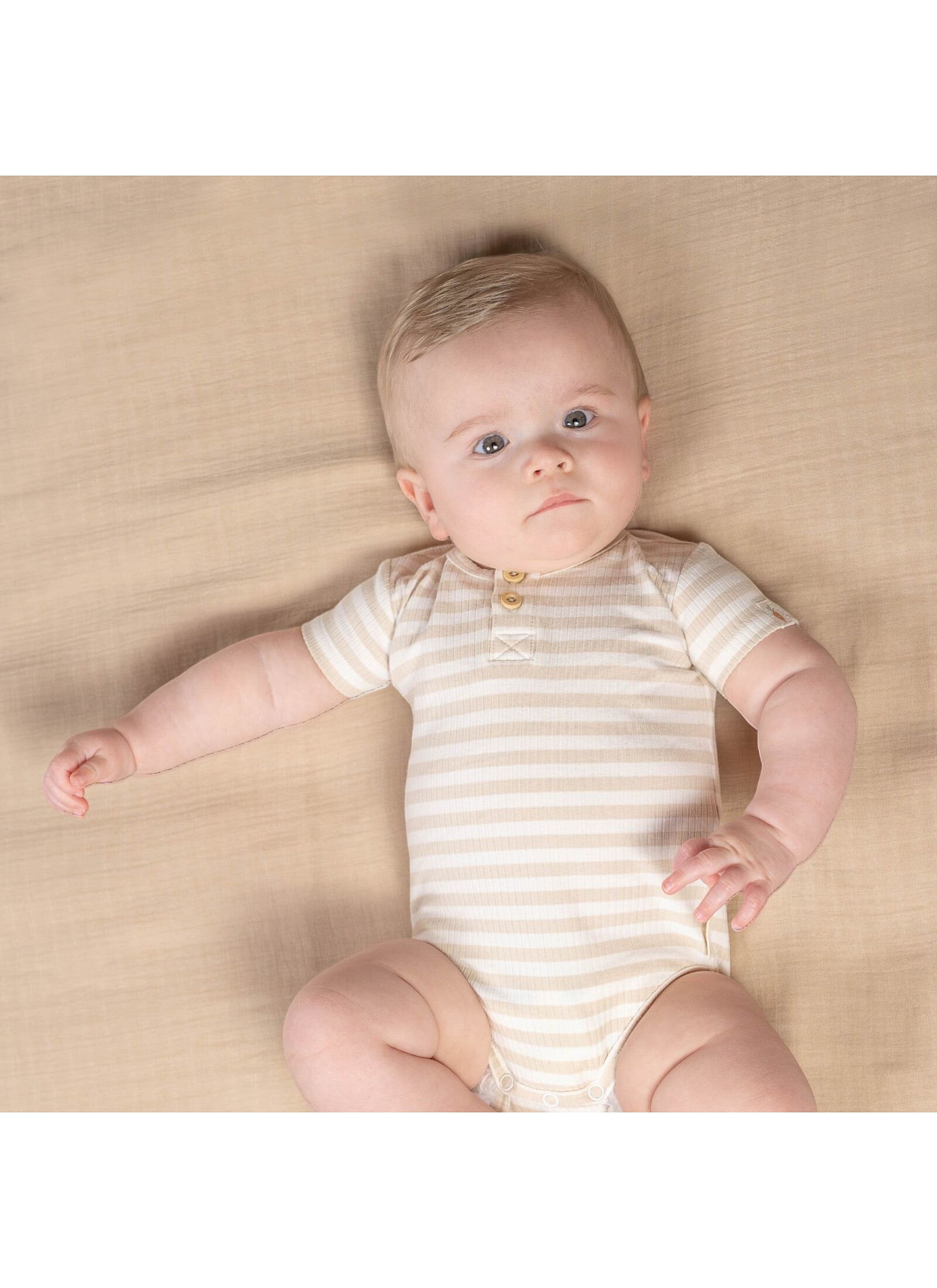 ORGANIC COTTON SHORT SLEEVE BODYSUIT STRIPE SAND WHITE
