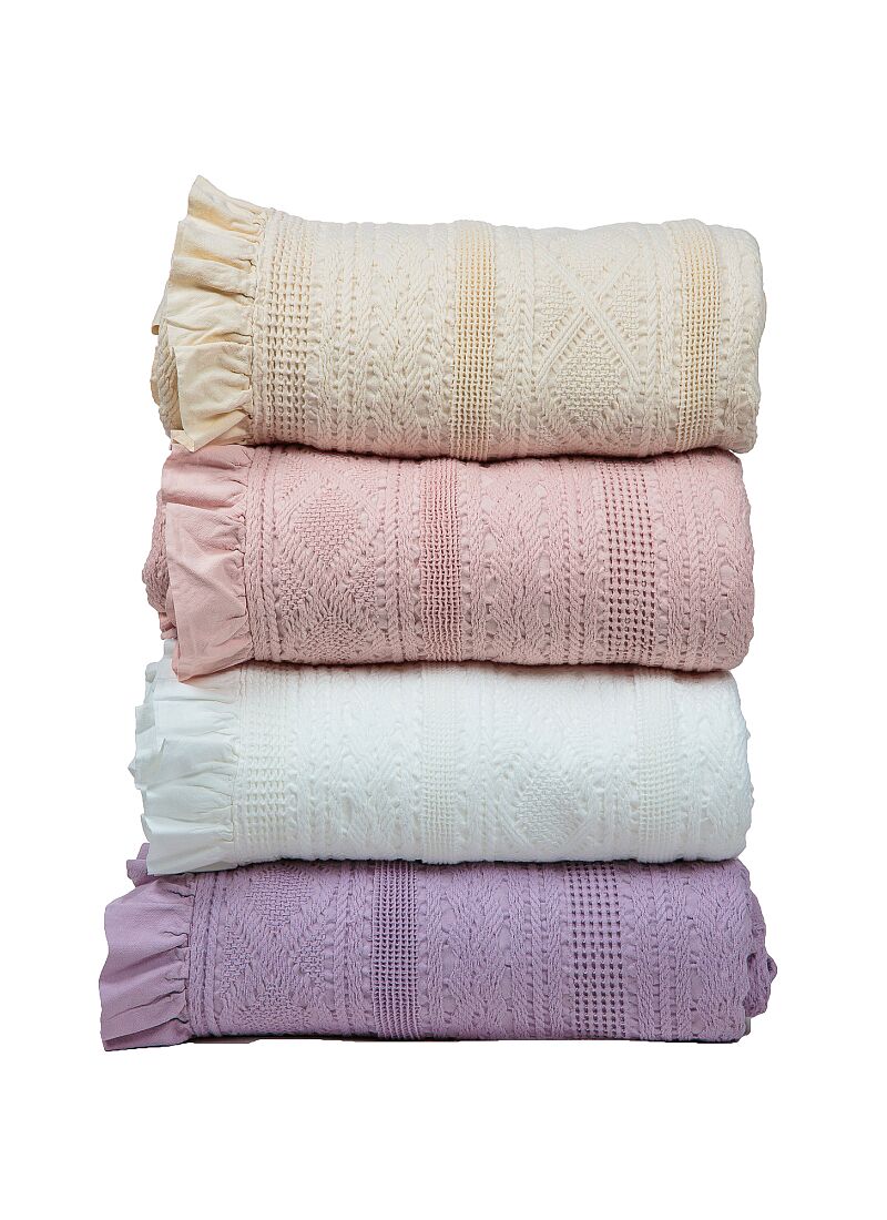 SINGLE KNITTED BLANKET APT-454 WITH FRILLS WHITE
