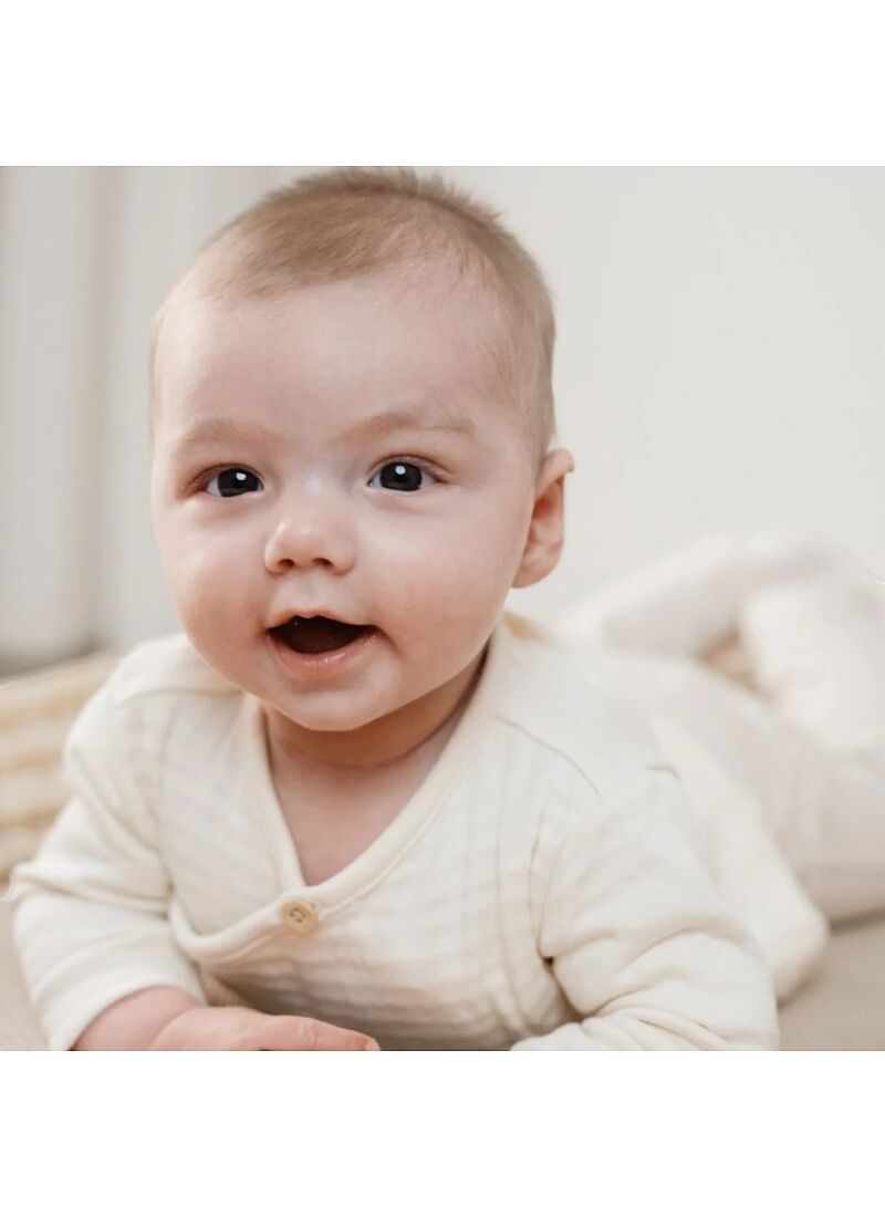 ORGANIC COTTON LONG SLEEVE JUMPSUIT SOFT BEIGE STRIPE